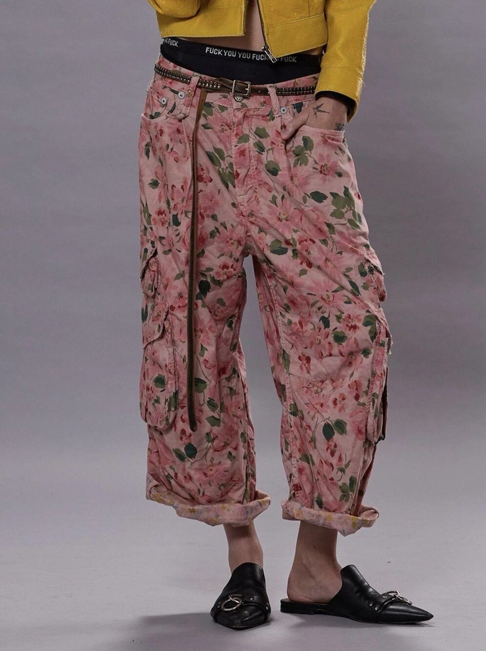 NWT R13 Cropped Multi Pocket Cargo Pants Size 27 in Pink Layered Floral $1195